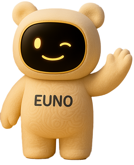 Robot Euno souriant, faisant un clin d'oeil et saluant de la main.