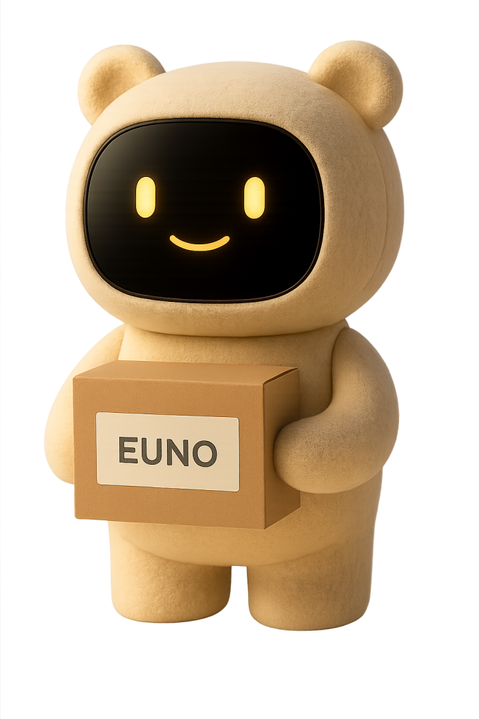Le robot EUNO tient un carton noté EUNO dessus - Précommandez le!
