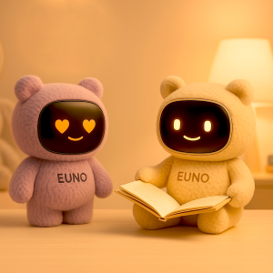 Deux robots EUNO qui sont ensemble, l'un des deux lit un livre.