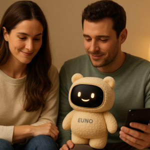 Une image d'un couple avec un Euno sur les genoux entrain de le configurer.