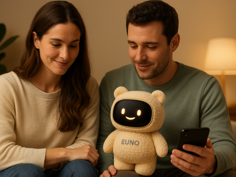 Une image d'un couple avec un Euno sur les genoux entrain de le configurer.