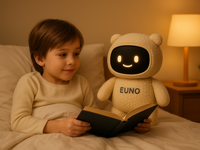 Une photo du compagnon qui raconte une histoire à un enfant au lit pour l'endormir.